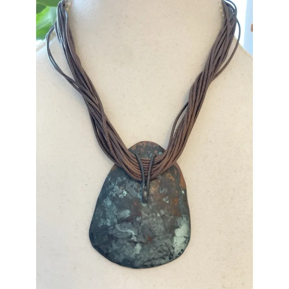 Multi Strand Cord Necklace Large Abstract Patina Copper Pendant‎ Artisan Chunky